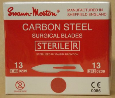 Box of 100 No13 Sterile Carbon Steel Scalpel Blades Swann Morton Ref No 0239 CLR 3024