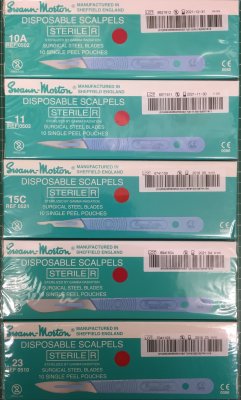 5 Boxes of 10 Swann Morton Disposables. 1 each No 10A, No 11, No 15C, No 22 and 1 x No 23 CLR